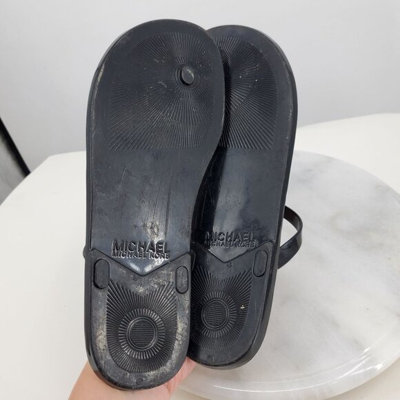 Michael Michael Kors Brown Black T Strap Gold Emblem Slip On Sandals Size 10 - Picture 5 of 8